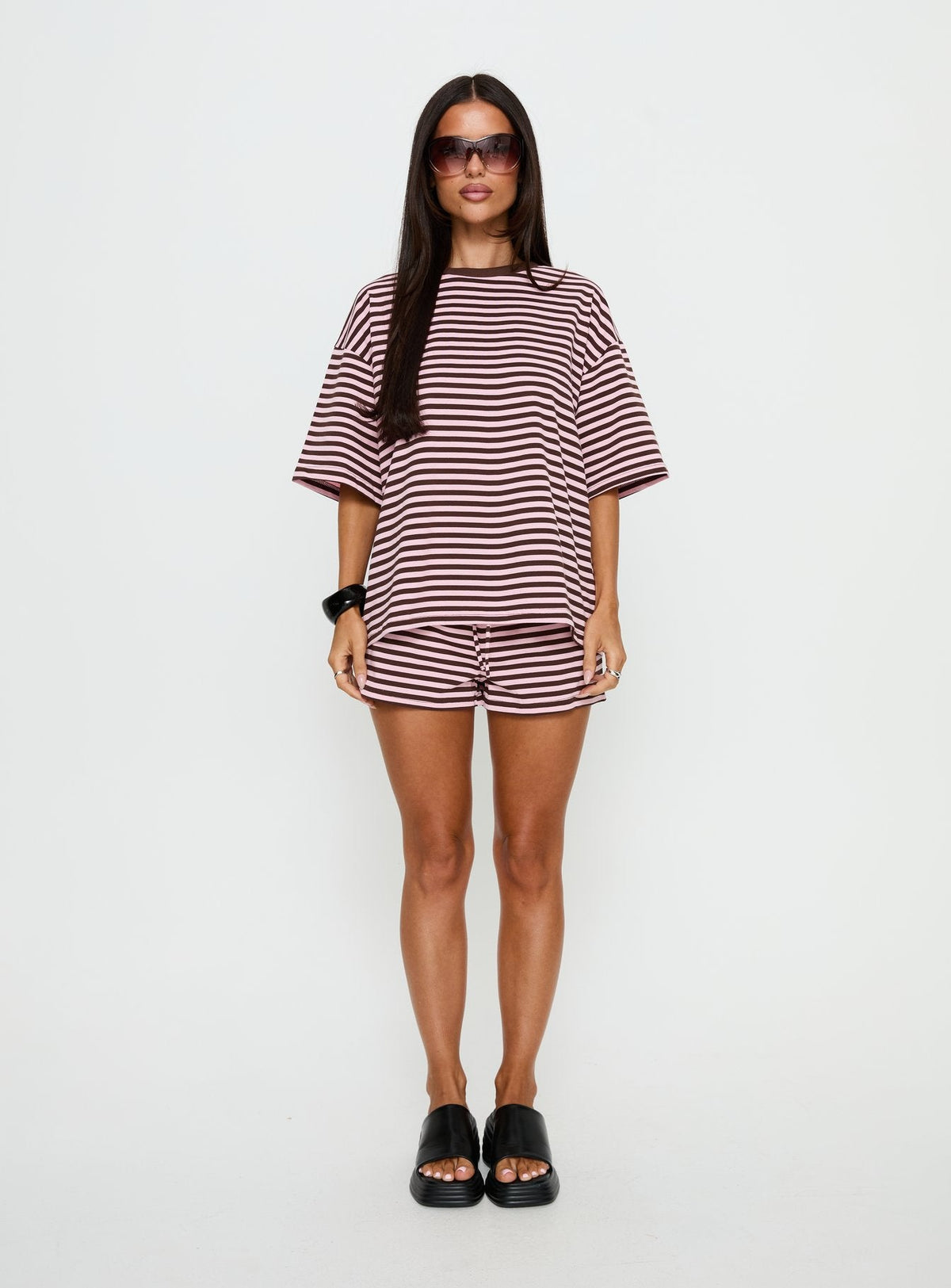 Settle Down Short Sleeve Top Pink / Brown Stripe