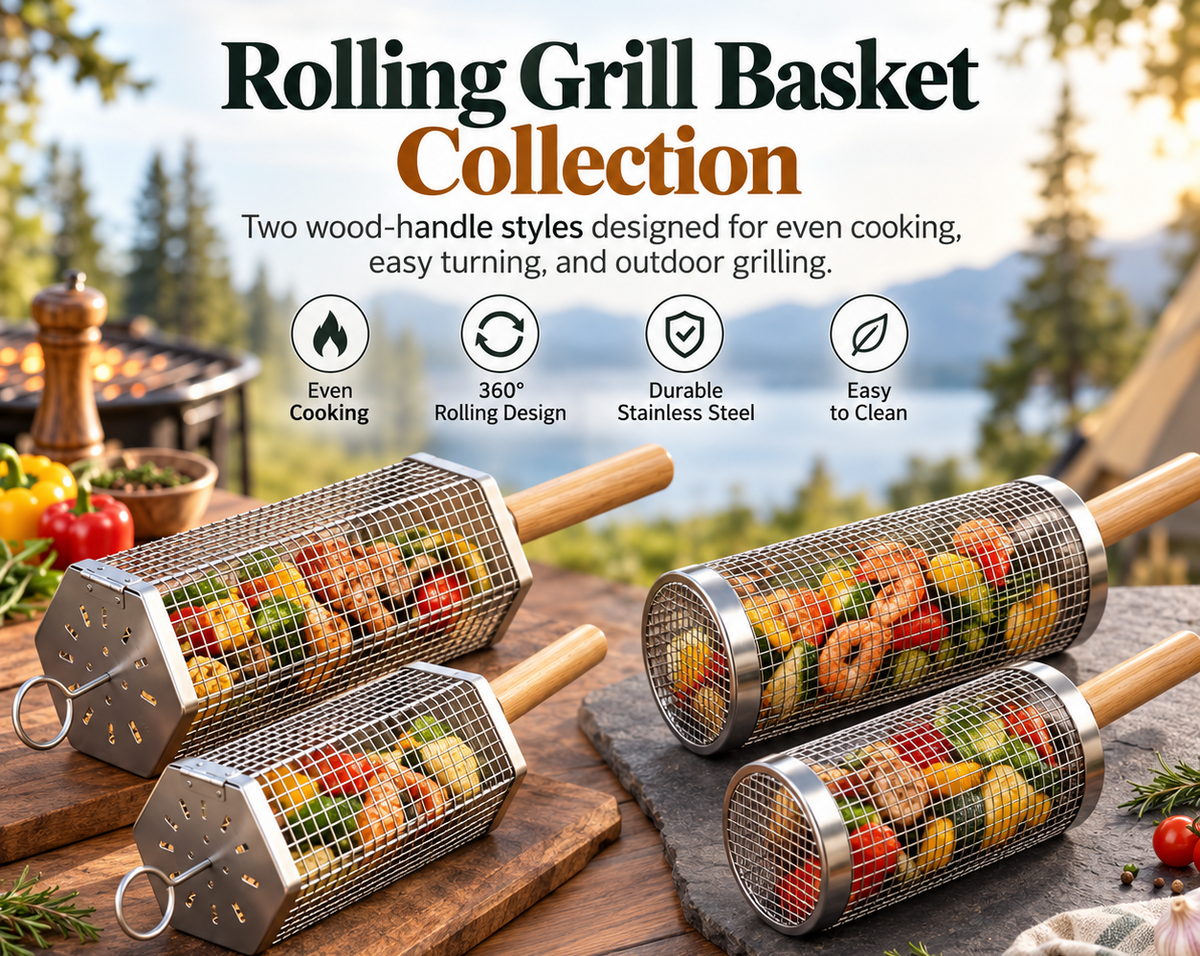 Rolling Grill Basket, 304 Stainless Steel BBQ Rolling Grilling Basket with Wooden Handle