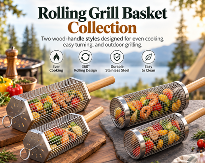 Rolling Grill Basket, 304 Stainless Steel BBQ Rolling Grilling Basket with Wooden Handle