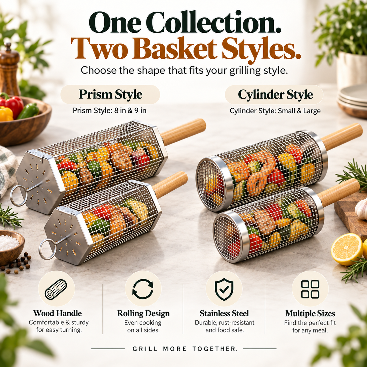 Rolling Grill Basket, 304 Stainless Steel BBQ Rolling Grilling Basket with Wooden Handle