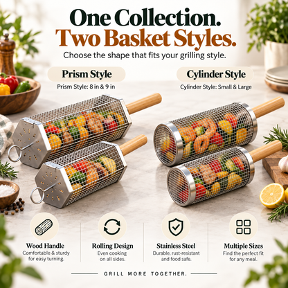 Rolling Grill Basket, 304 Stainless Steel BBQ Rolling Grilling Basket with Wooden Handle