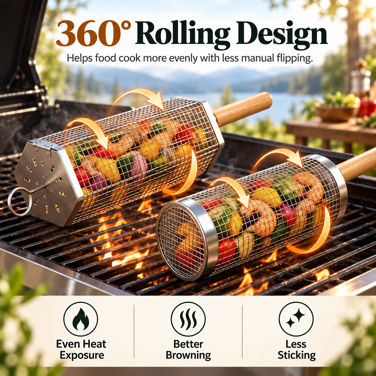 Rolling Grill Basket, 304 Stainless Steel BBQ Rolling Grilling Basket with Wooden Handle