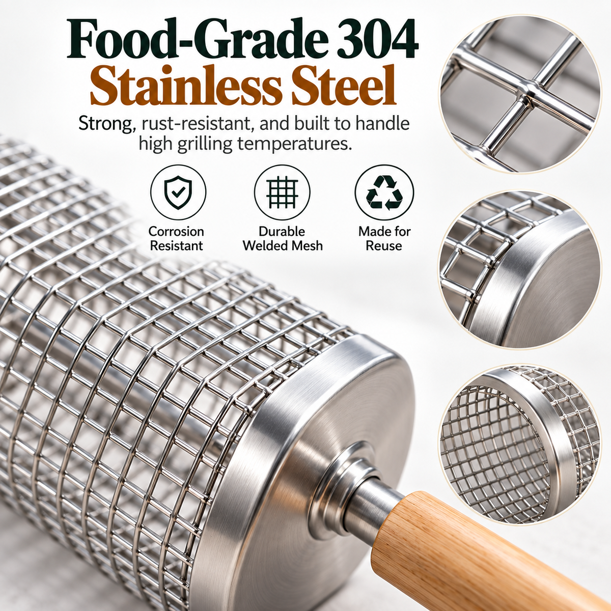 Rolling Grill Basket, 304 Stainless Steel BBQ Rolling Grilling Basket with Wooden Handle