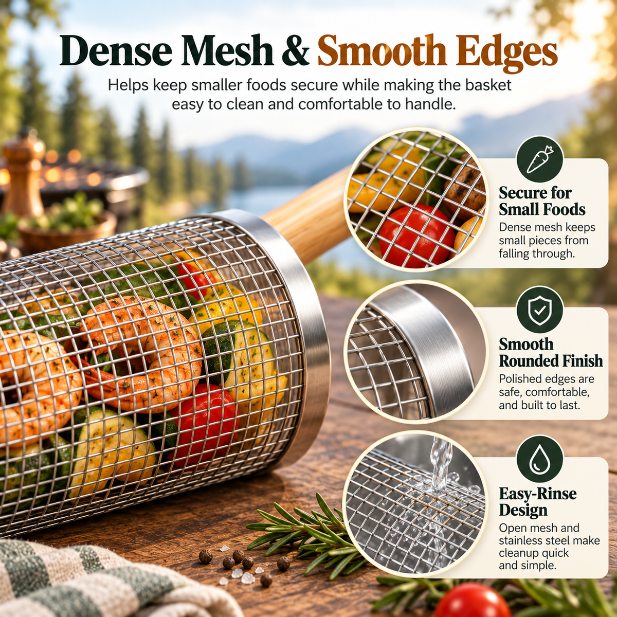 Rolling Grill Basket, 304 Stainless Steel BBQ Rolling Grilling Basket with Wooden Handle