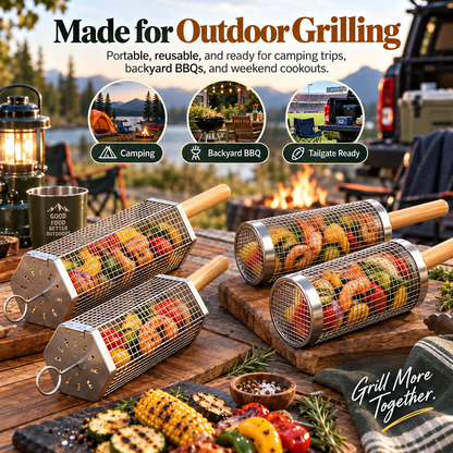 Rolling Grill Basket, 304 Stainless Steel BBQ Rolling Grilling Basket with Wooden Handle
